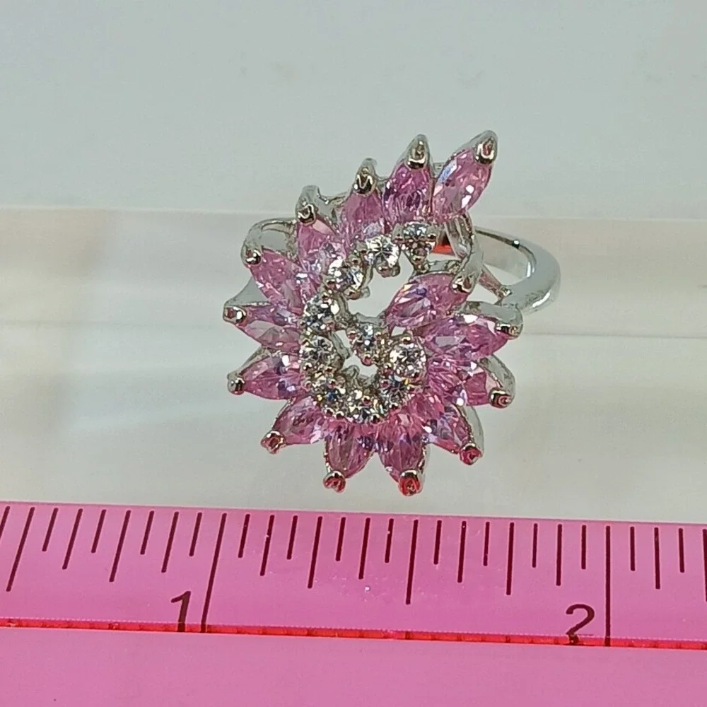 Vintage 1990s Pink Marquise Floral Swirl Cocktail Ring Silver Statement Size 8.5